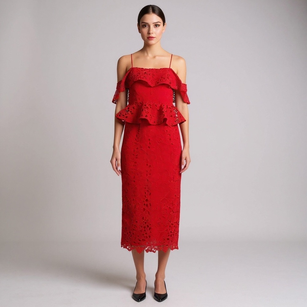 Muse by Marchesa Red Lace Off Shoulder Peplum Midi Dress Size 4 Small NEW
